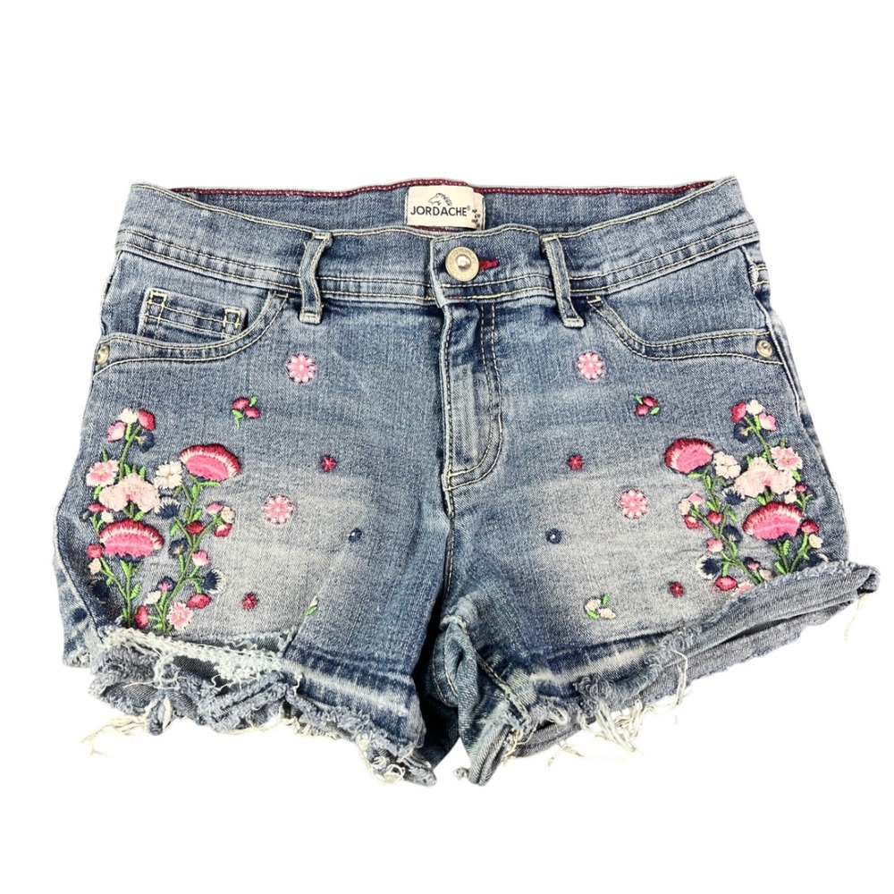 Jordache Girls Floral Embroidered Denim Shorts Size 12 Frayed Hem Medenz Wash
